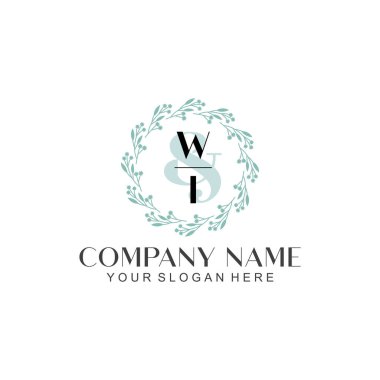 El yazısı WI Baş harfleriyle Çiçek Monogram Logosu Seti