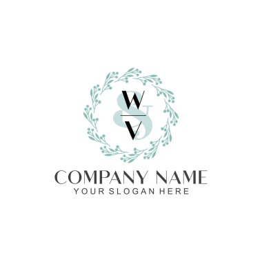 El yazısı WV baş harfleriyle Çiçek Monogram Logosu Seti