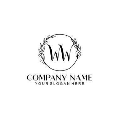 El yazısı WW Baş harfleriyle Çiçek Monogram Logosu Seti