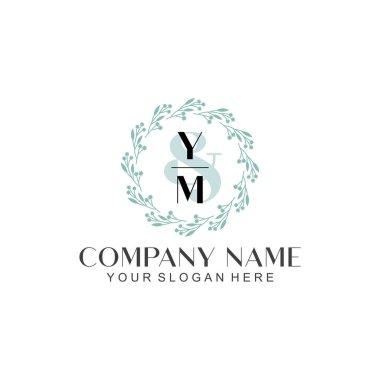 El yazısı YM Baş harfleriyle Çiçek Monogram Logosu Seti