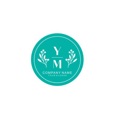 El yazısı YM Baş harfleriyle Çiçek Monogram Logosu Seti