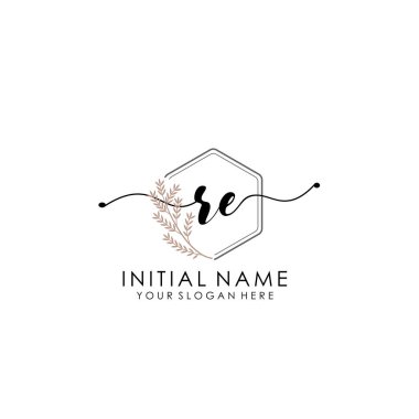 Botanik ve Minimalist Tasarımlı el yazısı RE İlk Logo