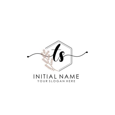 Botanik ve Minimalist Tasarımlı el yazısıyla TS İlk Logosu