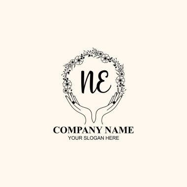 Çiçek El Yazısı Doğa ve El Elementleri ile Ana Logo NE