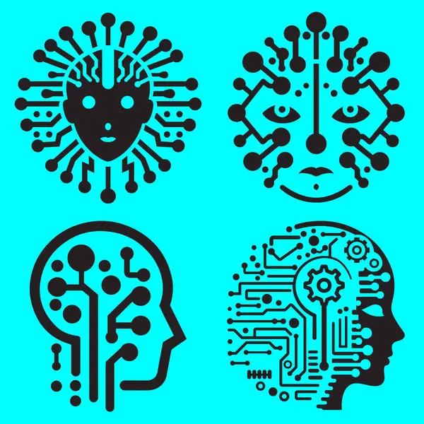 Yapay zeka, makine öğrenimi, yapay zeka ve makine öğrenme kavramı. İkonlar. Vektör illüstrasyonu.