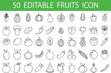 50 Meyve ve Sebze Çizgisi Sanat Simgeleri, Gıda Silüeti Taslak Sembolleri, Sebze Vektör Paketi, Tarım Üretim Hattı Sanat Gıda Logosu