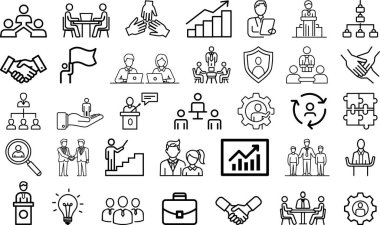 İş ve takım çalışması simgeleri, şirket stratejisi ve liderlik ikonu koleksiyonu, minimalist iş, ofis, insan kaynakları simgesi seti