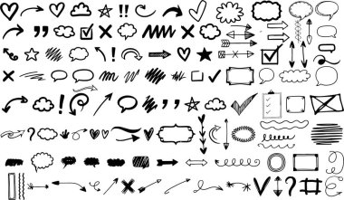 El çizimi karalama ögeleri seti, tasarım için yaratıcı karalama sembolleri, yaratıcı projeler için el yapımı çizim simgeleri, dijital kullanım için çizim sembolleri