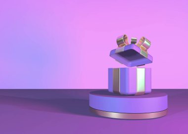 Pembe 3D podyum stüdyosu. Soyut modern stil gerçekçi yuvarlak stand tasarımı ve açık hediye kutusu. Doğum günü için arka plan, yıldönümü, satış, düğün. Web afişi. 3d oluşturma