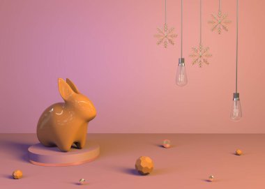Mutlu Noeller, Noel kutlamaları tavşanı kürsüde ürün, lamba ve kar tanesi. 3d hazırlayıcı