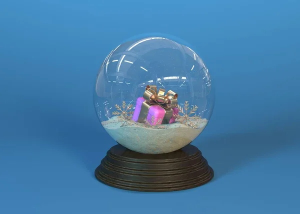 Snow globe with falling snowflakes and gift. Realistic transparent glass sphere on wooden pedestal. Magic glass sphere on dark background. 3D rendering