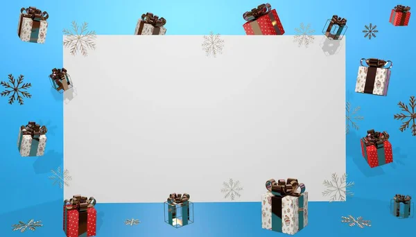 Background with realistic holiday gifts box. A Christmas gift. Holiday surprise gift banner, web poster, flyer, stylish brochure, greeting card. 3D rendering