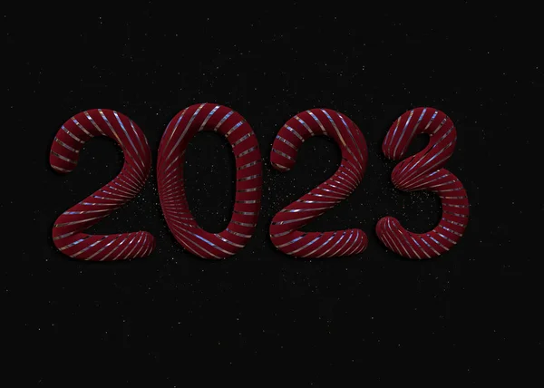2023 3D現実的な黒の背景に赤と金の箔風船 メリークリスマスとハッピーニューイヤー2023グリーティングカード 3Dレンダリング — ストック写真