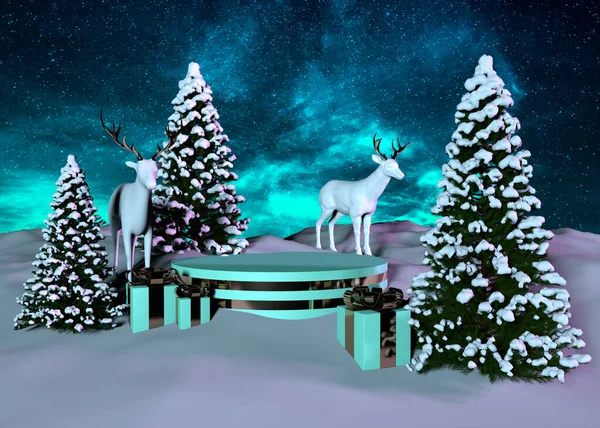 Christmas background with cylindrical podium for promotions. Round stage for the presentation of sale product. Stage pedestal or platform in snow between Xmas trees. 3d rendering