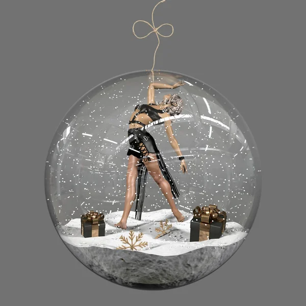 クリスマスと新年の背景 ブラックギフトボックス 女の子とガラスボール明るい冬の休暇組成 はがき バナー ポスター 3Dレンダリング — ストック写真
