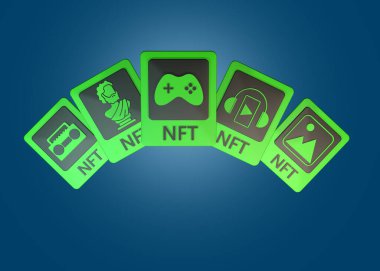 NFT kartlarının şifreli çizimleri. Tahsilat kartları, engelleme zincirinden gelen bilgilerle birlikte geri ödemesiz jeton. ERC20. 3 boyutlu Şifreleme Sanatı. 3d oluşturma