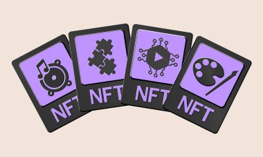 Şifreli 3 boyutlu NFT kartlar. Oyun, müzik, video ve sanat içeren NFT kartları. Engelleme zincirinden gelen bilgilerle birlikte karşılanamayan bir hatıra. ERC20. vektör 10