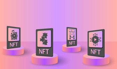 NFT, iadesiz jetonların konsept vektör çizimi. Pankart, poster, web sitesi, iniş sayfası, reklam için NFT kartı. EPS 10