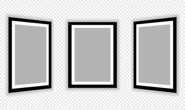 Fotoğraf çerçeveleri, kare siyah beyaz çerçevelerin gerçekçi bir modeli, vektör kümesi. Tasarımın için boş çerçeve. Resim, resim, poster, yazı veya fotoğraf galerisi için vektör şablonu. EPS 10