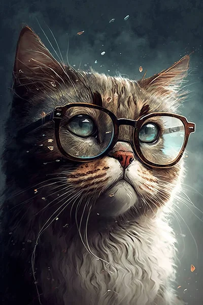 Domestic striped cat with glasses on a bright background. illustration