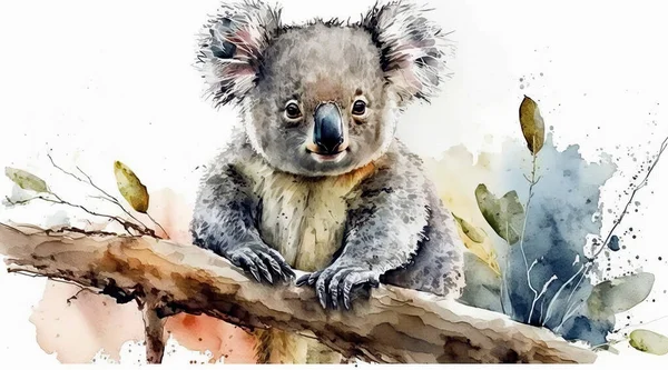 Koala bear watercolor illustration. Australia symbol. Cute koala bear on eucalyptus tree branch. Native australian animal bear. Grey wild australia endemic furry animal.