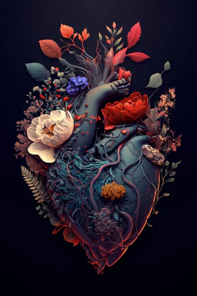 Heart anatomy vintage illustration. Floral romantic anatomical heart. illustration
