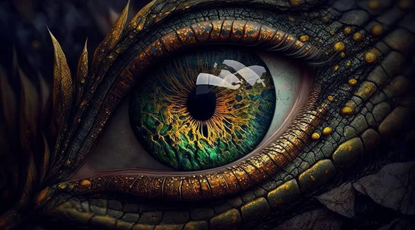 digital eye of dragon, illustration dinosaur game concept background. green eye