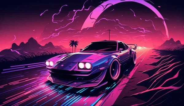 retro future. Sci-fi background in 80s style with supercar. Futuristic retro car. retro futuristic synth illustration in 1980s poster style. Suitable for any print in the style of the 80s.