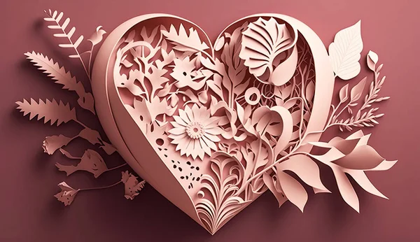 digital illustration, paper heart and flowers, blush pink wall decor, floral background, valentine\'s day card, heart shape