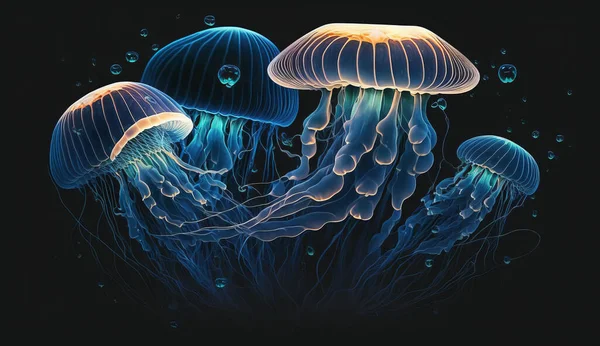 Neon jellyfish in sea deep blue water. Abstract fantasy jellyfish on a dark background. illustration.