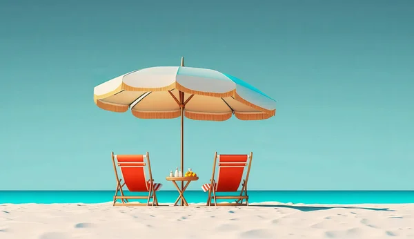 Two lounge chairs with sun umbrella on a beach. place to rest