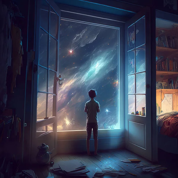 A man stands in front of an open window and looks into space. Surrealistic illustration