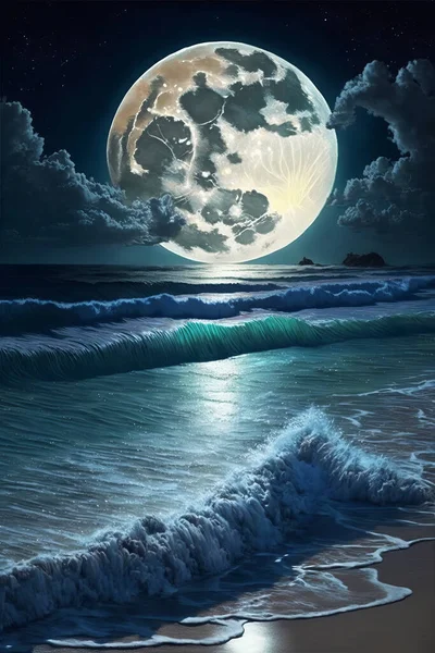 A full moon in clouds rises over an empty ocean at night. Digital art