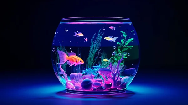 Fish in neon light. Aquarium with lots of fish. Underwater life in the ocean. Neon illustration