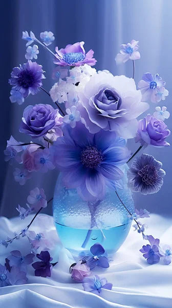 Blue flowers in a vase on blue background