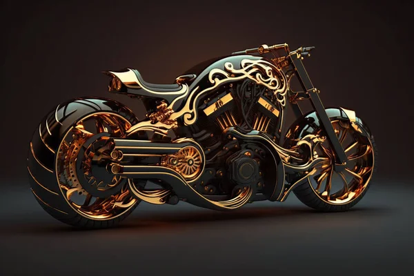 black and gold motorcycle on a dark background. Illustration