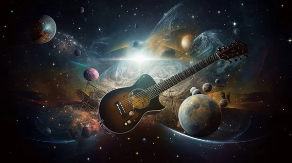 guitar in space flies among the planets. surreal illustration