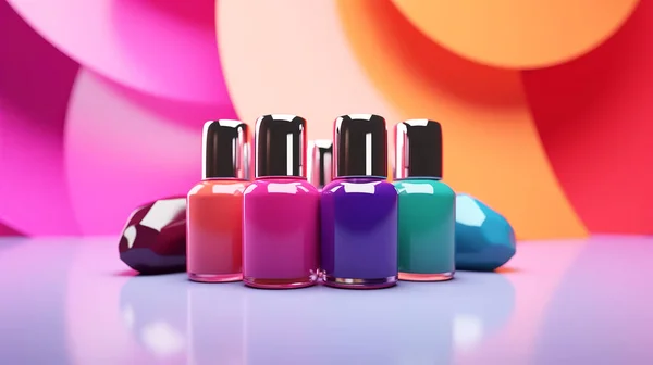 Colorful nail polish on a colored background. Cosmetics and fashion background.