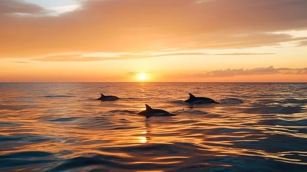 dolphins swim in the sea at sunset. Illustration