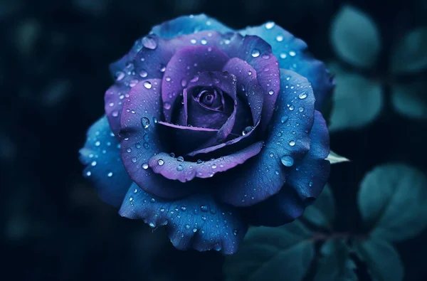 Beautiful blue rose with drops of dew on a dark background