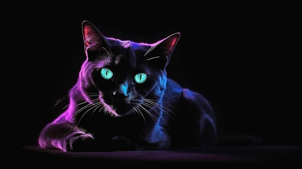 beautiful black cat in neon light on a black background