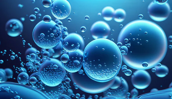Illustration of transparent cosmetic blue gas bubbles underwater. Mackro