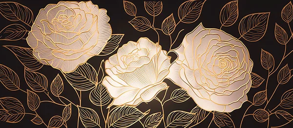 Gold outline rose flowers on black background for fabric design, textile print, wrapping paper or web background.