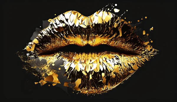 Abstract golden lips close-up. Artistic lip made of gold metal. Golden lip gloss on the beauty of a woman\'s mouth, close-up.
