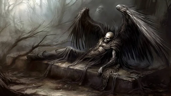 Fallen Angel. Skeleton with black wings. Illustration
