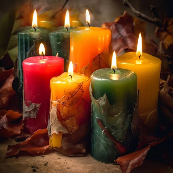 burning colorful candles in autumn leaves halloween