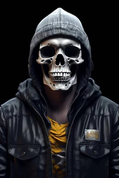 Human skeleton in a jacket and hood on a black background