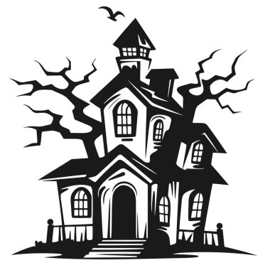 Korkunç ev silueti çizimi. Cadılar Bayramı 'nda canavarlar ve hayaletlerle dolu mistik bir ev. Ürkütücü ev. Vektör illüstrasyonu