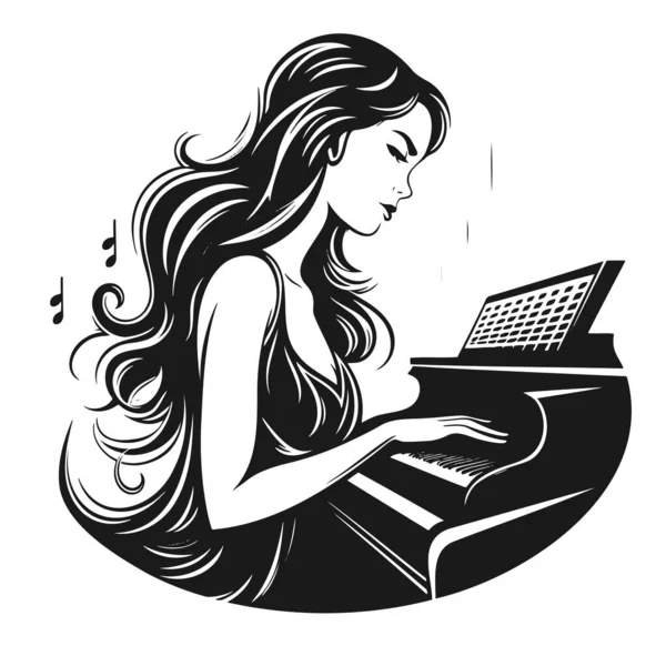 Menina Pianista Tocando Piano Simples Silhueta Vetor Preto Ilustração Eps — Vetor de Stock