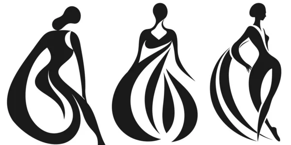 Three Dancing Girls Vector Black Female Silhouette Dance Studio Logo — Stock Vector